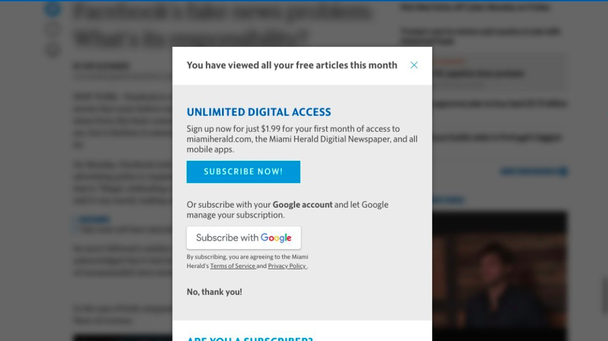 An example of what the Subscribe with Google page looks like on the Miami Herald, another McClatchy paper.