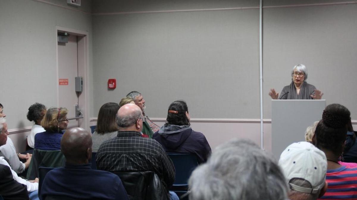 Karen Branan, author of “The Family Tree,” speaks to a group in Hamilton in January.