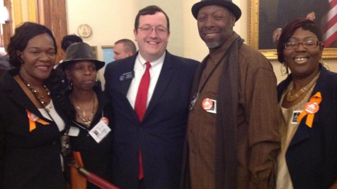 State Sen. Josh McKoon, center, meets with Columbus NAACP leaders, Tonza Thomas, Barbara Pierce, J. Aleem Hud, and Waleisha Wilson, at the State Capitol on Thursday. The NAACP members participated in Justice Day at the Capitol, which drew about 250 people from across the state.