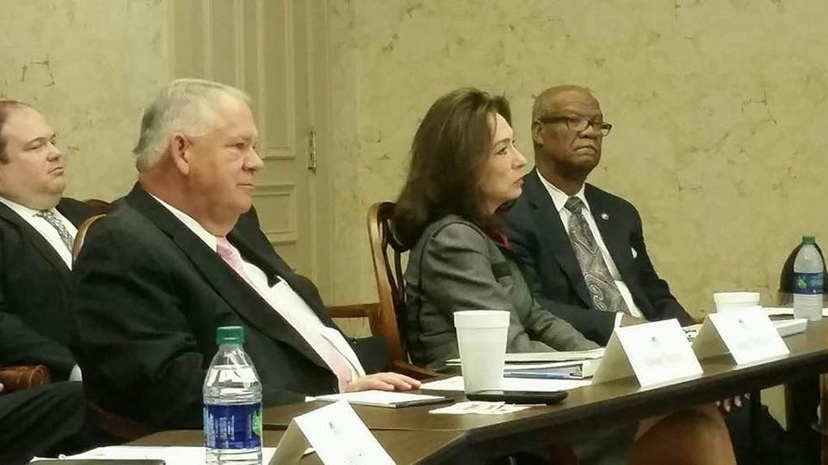 Georgia House Speaker David Ralston, a Blue Ridge Republican seated to the left, watches a Columbus State University presentation with Mayor Teresa Tomlinson, center, and Rep. Calvin Smyre, a Columbus Democrat.