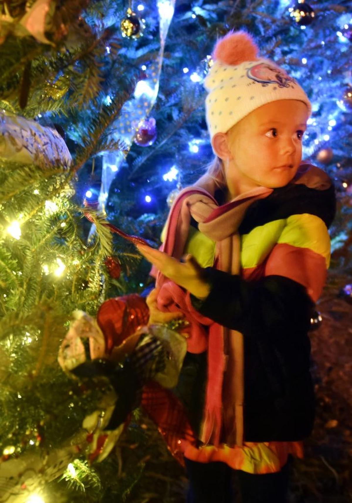 Ashtynn Paasch looks at the ornaments on the trees on Uptown Tree Trail during the festival in downtown Columbus in 2016.