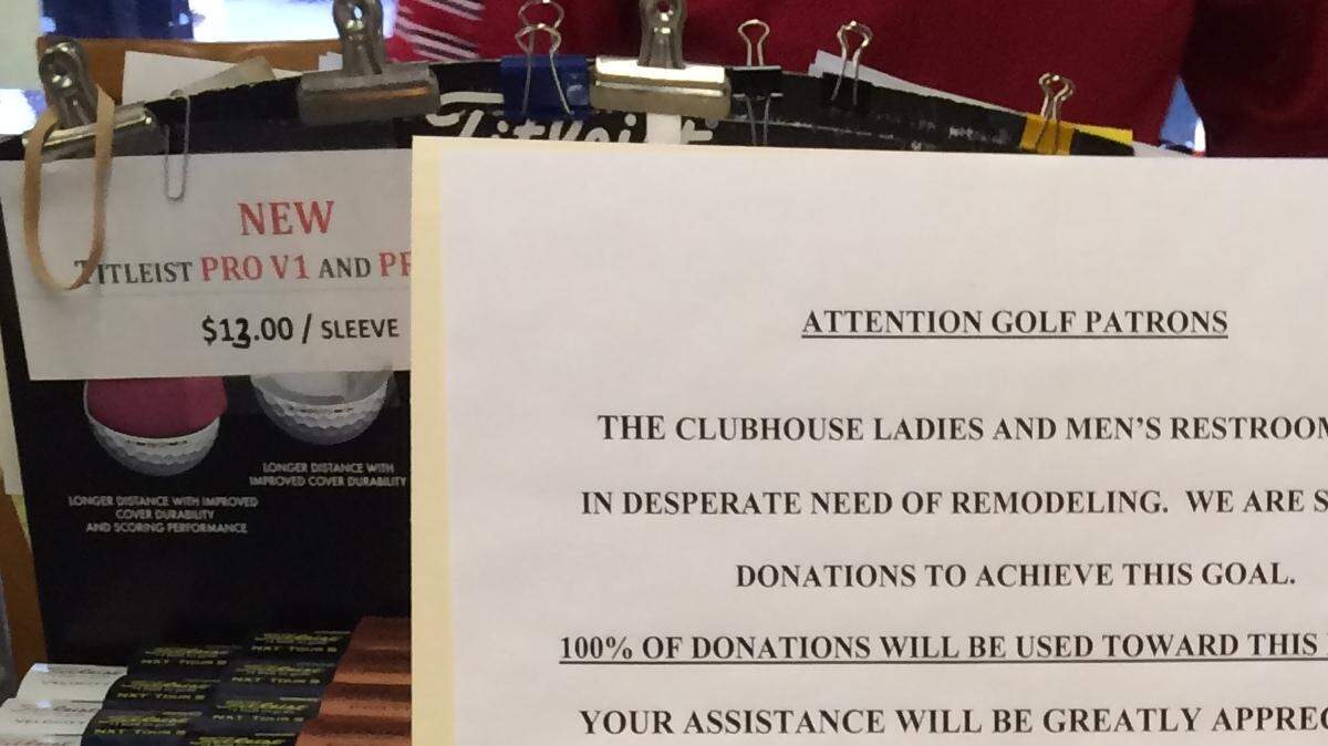 Course management put a toilet on a table in the clubhouse for restroom renovation donations.