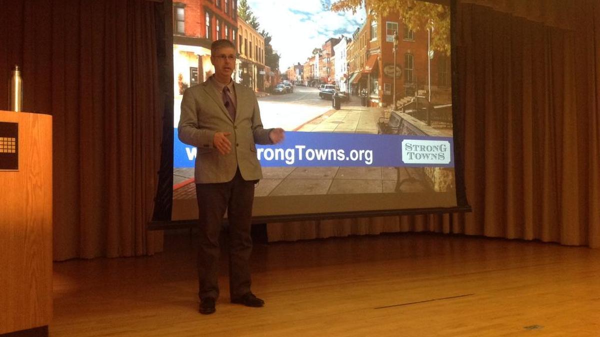 Charles Marohn, president of Strong Towns, a national nonprofit based in Minnesota, speaks Wednesday to an audience at the Columbus Museum.
