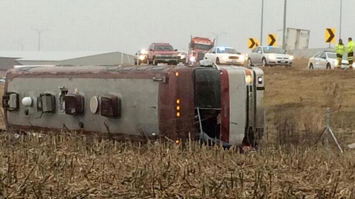 The bus carrying the Columbus Cottonmouths to Peoria, Ill., overturned, injuring several players.