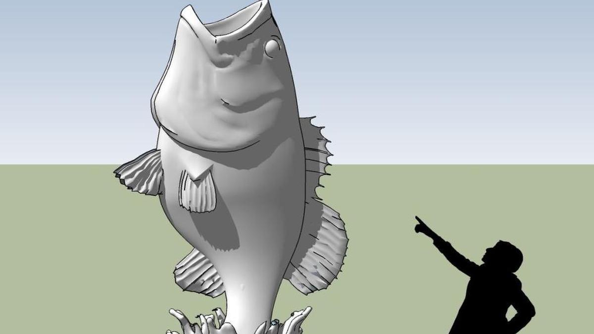 A rendering of the fish statue.