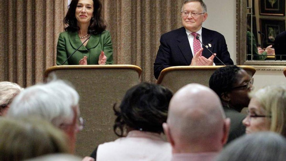 Mayor Teresa Tomlinson and former state Sen. Seth Harp debated the tax freeze referendum several times.
