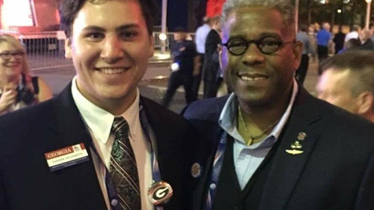 Columbus High School graduate Tanner Goldsmith, 18, an alternate in the Georgia delegation, poses Tuesday night with former U.S. Rep. Allen West, R-Fla., now a conservative political commentator, while leaving Quicken Loans Arena in Cleveland, Ohio, on Day 2 of the Republican National Convention.