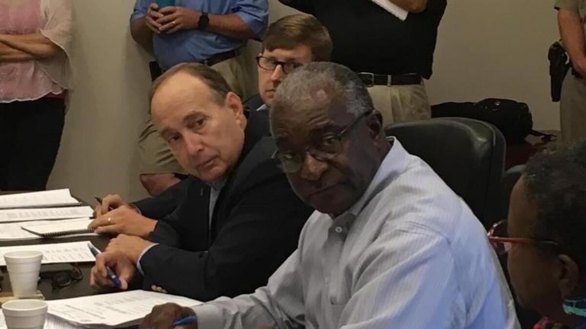 Board of Tax Assessors Chairman Chester Randolph, right, and Lawton Grantham during Monday morning’s meeting.