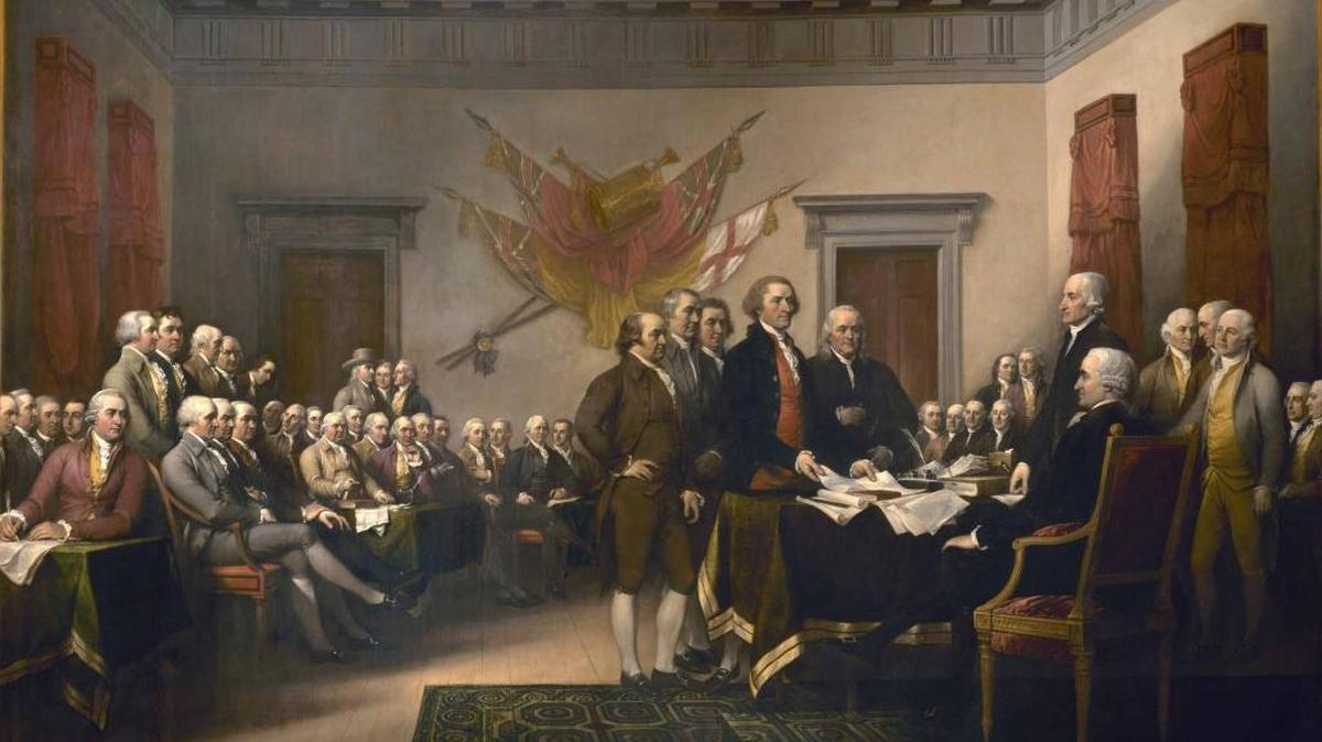 John Trumbull's painting of the Second Continental Congress reviewing a draft of the Declaration of Independence was commissioned in 1817 and placed in the U.S. Capitol rotunda in 1826.