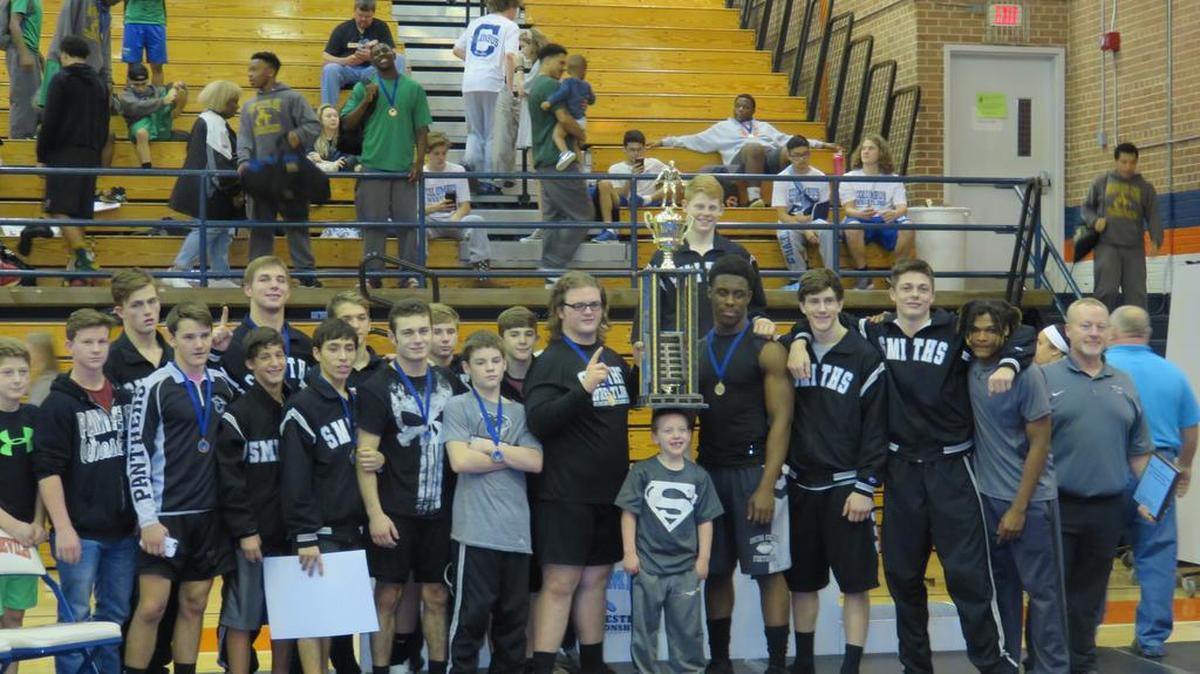 Smiths Station celebrates it’s win Saturday at the 22nd City Wrestling Championships at Columbus High School.