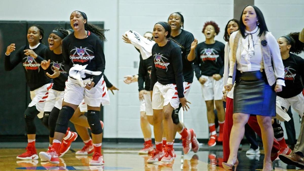 Columbus State players come off the bench to celebrate a big lead over Virginia Union after the first quarter during Tuesday’s NCAA Division II Elite Eight basketball game at Ohio Dominican University’s Alumni Hall in Columbus, Oh.
