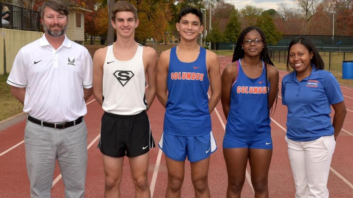 Columbus’ Alex Salgado (center) joined by fellow All-Bi-City selectees Ron Peters (Smiths Station coach), Silas Franklin (Smiths Station), Heaven Allen (Columbus) and Danielle McCoy (Columbus coach)