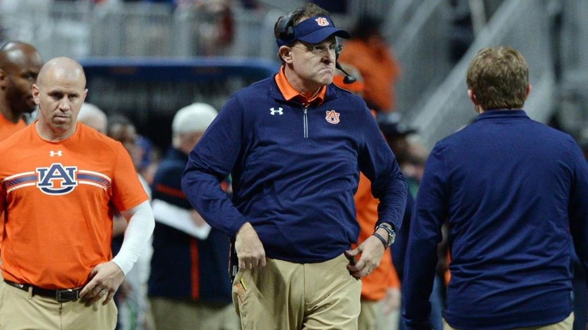 An unhappy Gus Malzahn (center) paces the Auburn sideline during second half action of the SEC Championship game.