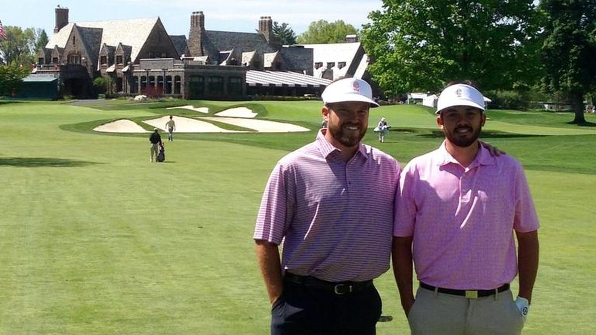 Kyle Albright, left, and Charlie McDaniel pose for a photo during a practice round Thursday on the West Course at Winged Foot Golf Club in Mamaroneck, N.Y.