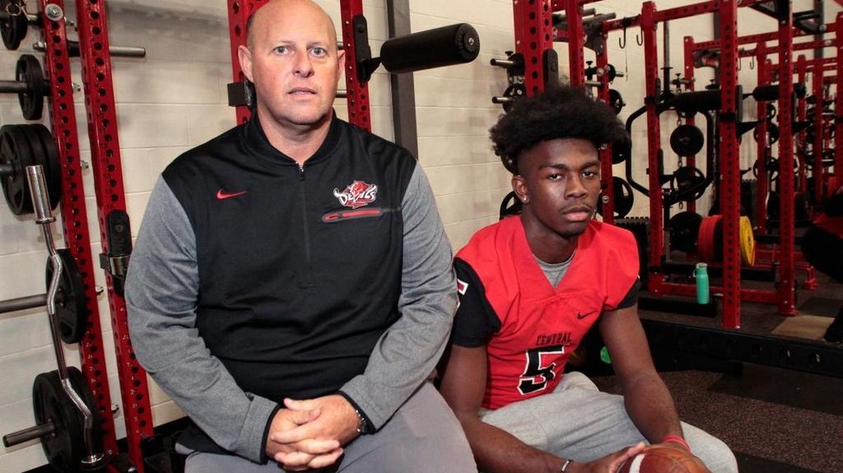 All-Bi-City 4A-7A Football Coach of the Year Jamey DuBose (Central) and Offensive Player of the Year Justyn Ross (Central). Not pictured: Northside’s Caleb Johnson, the Defensive Player of the Year