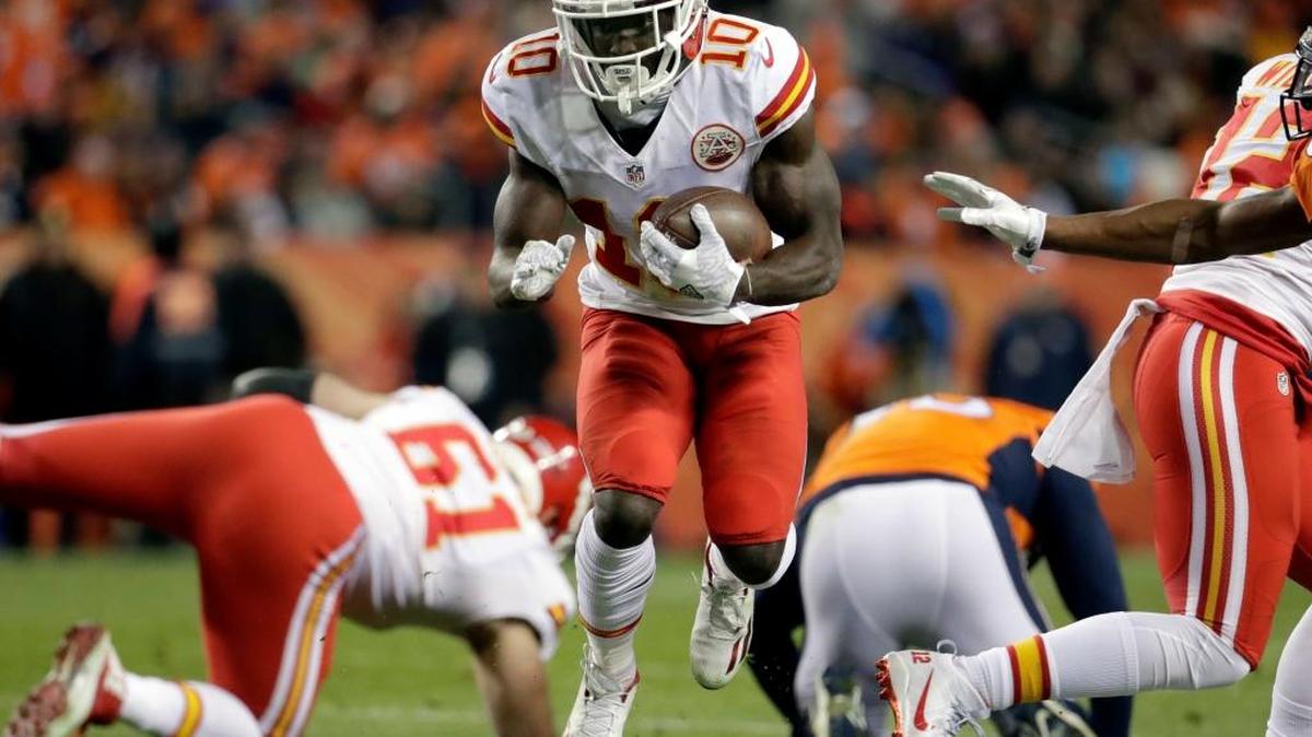 In this Nov. 27 photo, Kansas City Chiefs wide receiver Tyreek Hill (10) runs after the catch against the Denver Broncos during the first half of an NFL football game in Denver. The Kansas City Chiefs and Atlanta Falcons have found different ways to win despite ranking near the bottom of the league in yards allowed. The Atlanta Falcons play the Kansas City Chiefs on Sunday, Dec. 4, 2016.