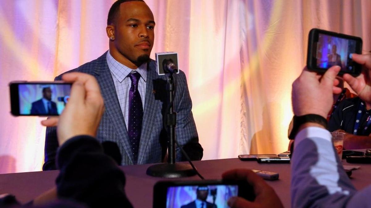 Auburn safety Tray Matthews speaks during the Southeastern Conference's annual media gathering, Thursday, July 13, 2017, in Hoover, Ala. (AP Photo/Butch Dill)