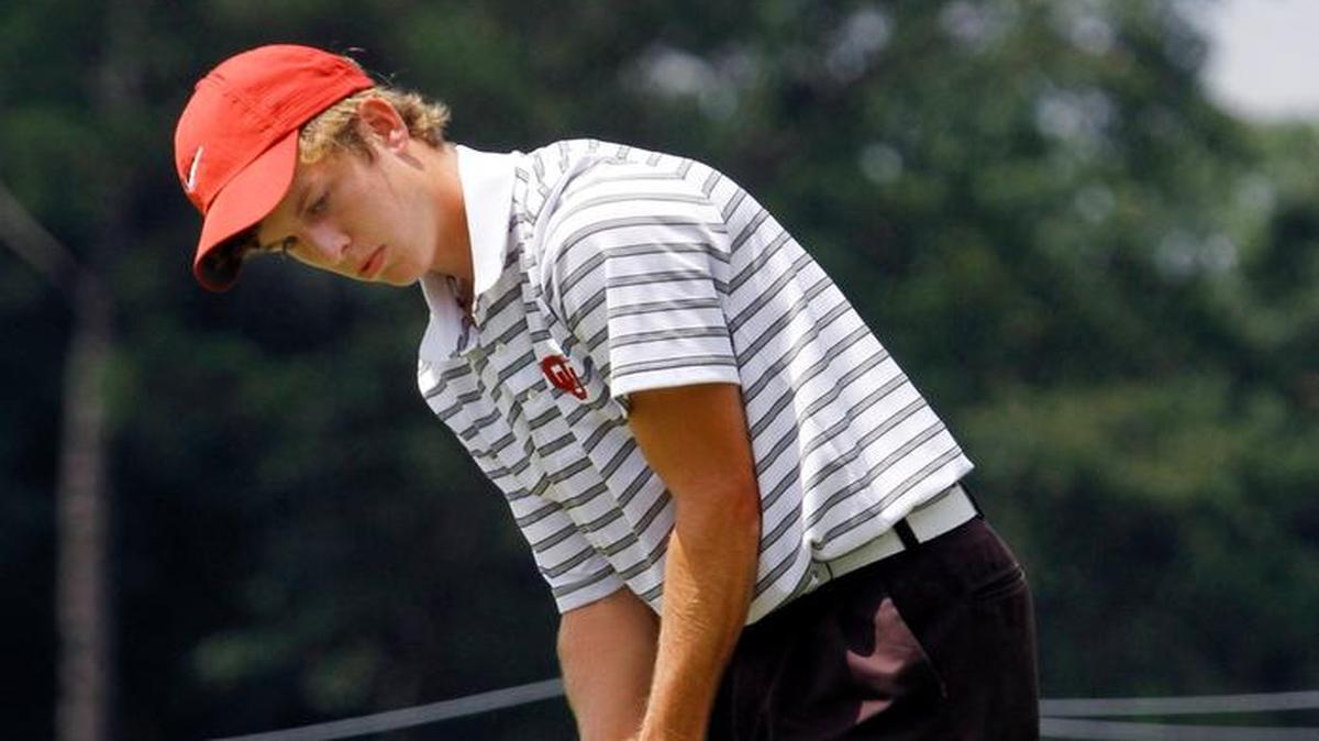 Grant Hirschman of the University of Oklahoma watches his putt on the second playoff hole against Shad Tuten in the final round of the 2014 Southeastern Amateur Open at the Country Club of Columbus. Hirschman won at 10-under for the tournament.
