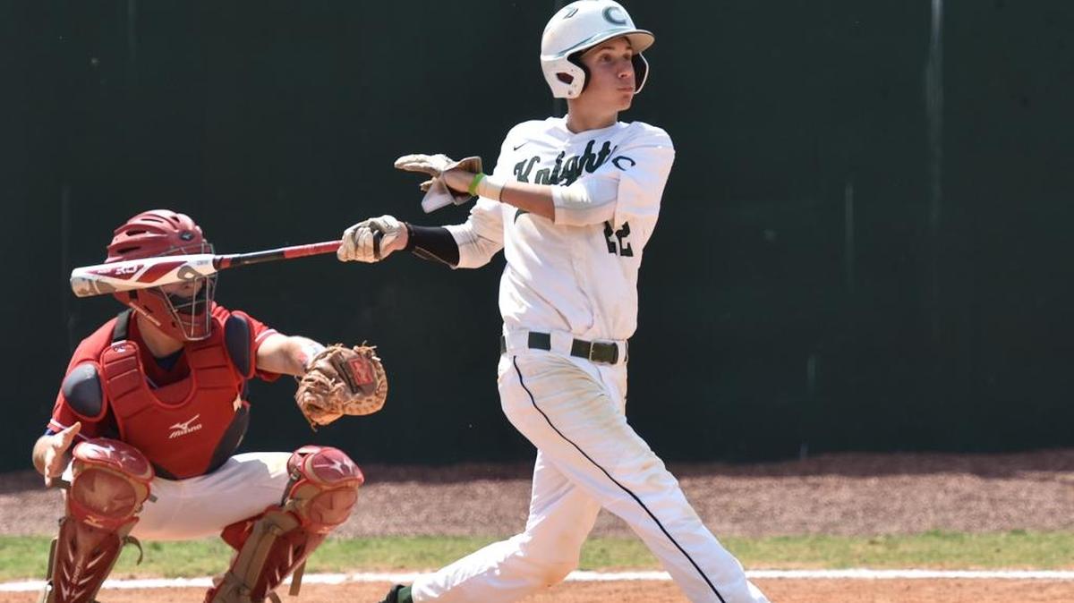 Calvary Christian's Jesse Donohoe, a freshman, ends the first game against Covenant during the GICAA State Championship Series with a mercy-rule grand slam.