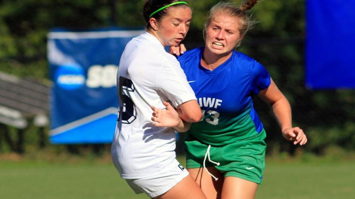 Columbus State University's Amanda Murphy, left, collides with Hannah Wooten of the University of West Florida in a game earlier this season.
