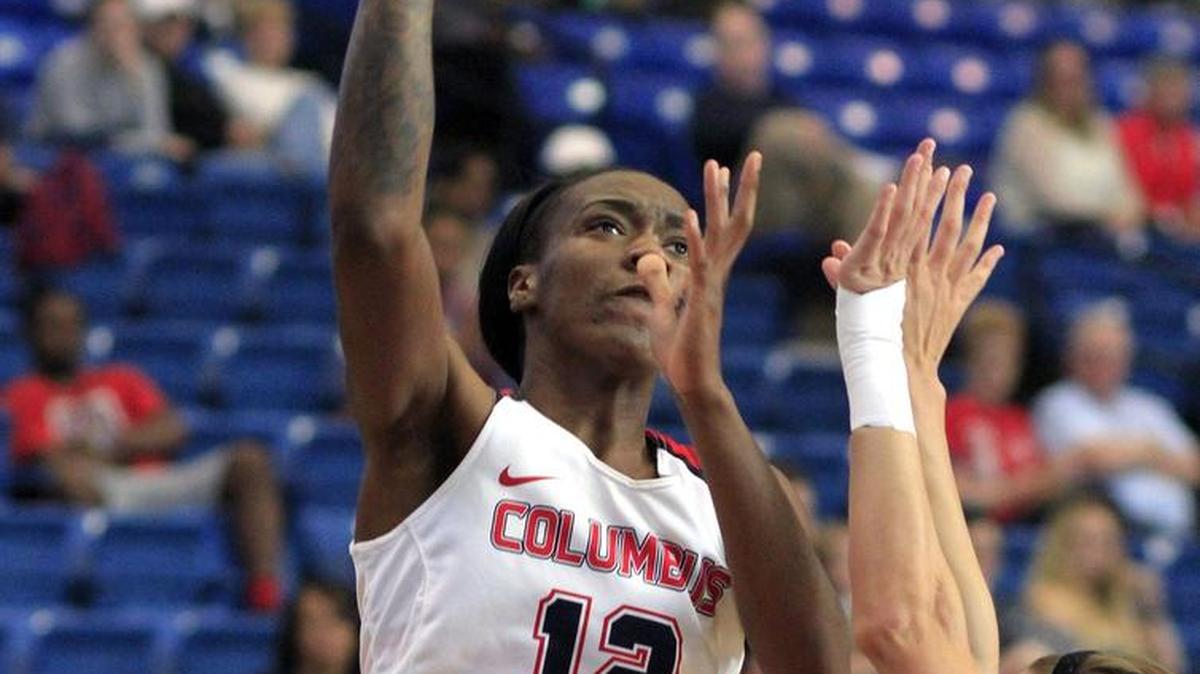 Columbus State's Alexis Carter scores a basket in the first half Friday evening during the Lady Cougars' game against Anderson in the NCAA Southeast Regional at the Frank G. Lumpkin Center at Columbus State University.