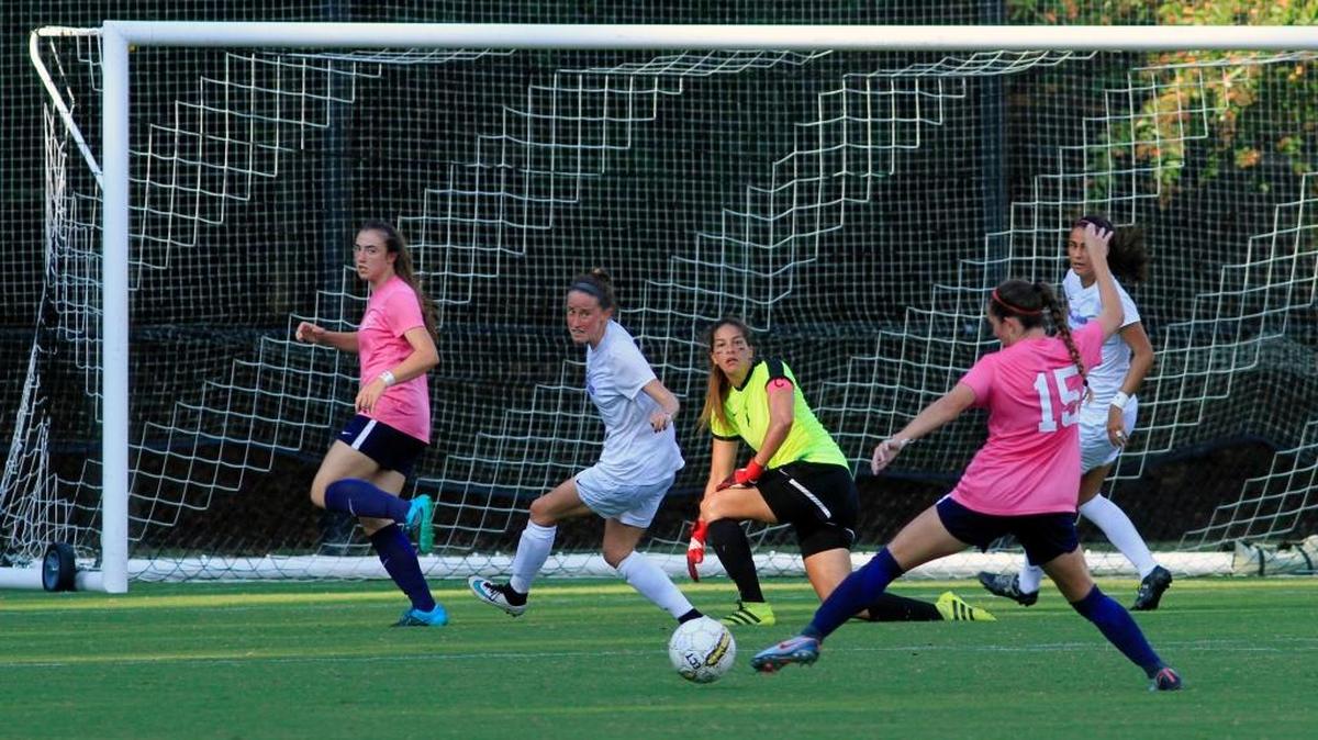 Columbus State University's Amanda Murphy (15) attempts to redirect the ball toward the Young Harris net during a game earlier this season at CSU's Walden Soccer Complex.