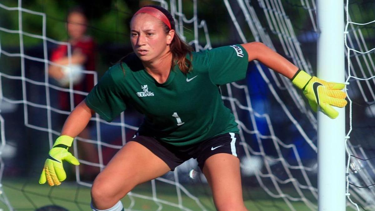 Columbus State University goalkeeper Bria Riancho watches as a North Georgia player approaches with the ball during the first half of their game Sept. 20, 2017.