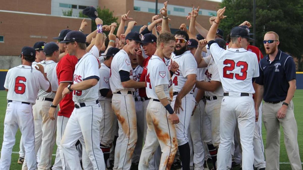 The Columbus State baseball team celebrates after Saturday’s win.