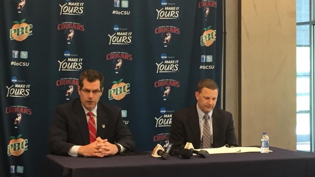 Columbus State women’s basketball coach Jonathan Norton, right, talks to the media at a news conference Friday. Also addressing the media is CSU athletic director Todd Reeser.