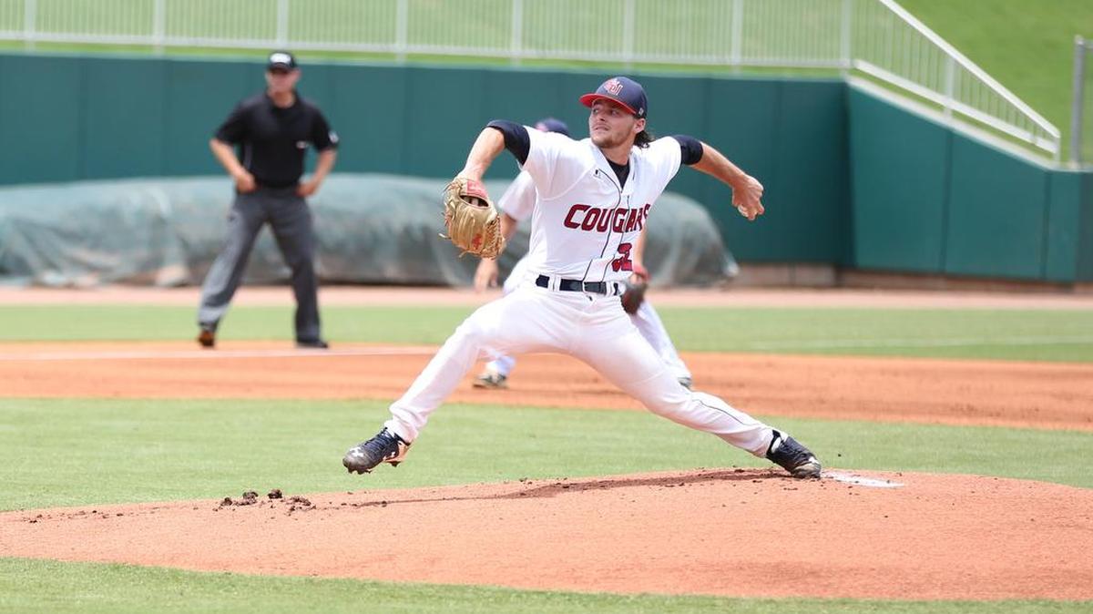 Columbus State starting pitcher Kolton Ingram works early in Sunday’s game against Mercyhurst.
