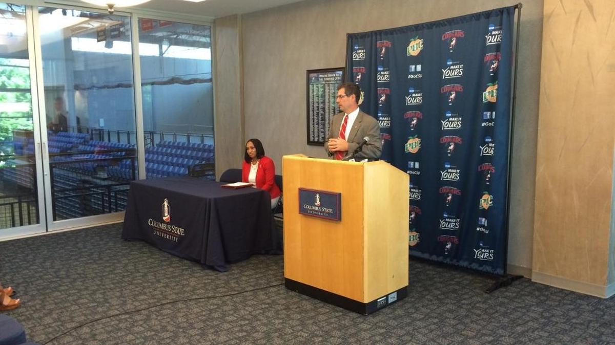 Columnbus State athletic director Todd Reeser introduces Anita Howard as the school’s new women’s basketball coach on Friday, June 3, 2016.