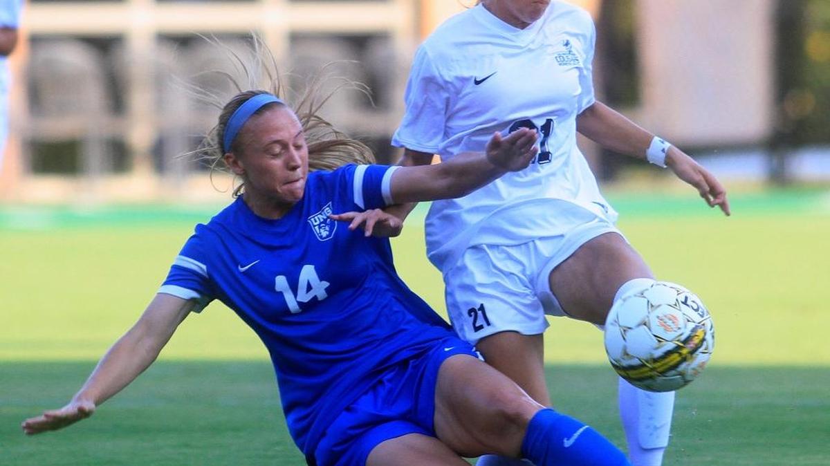 Columbus State University's Olivia Jarrell, right, and the University of North Georgia's Jessi Vaverka fight for possession of the ball during a game earlier this season.