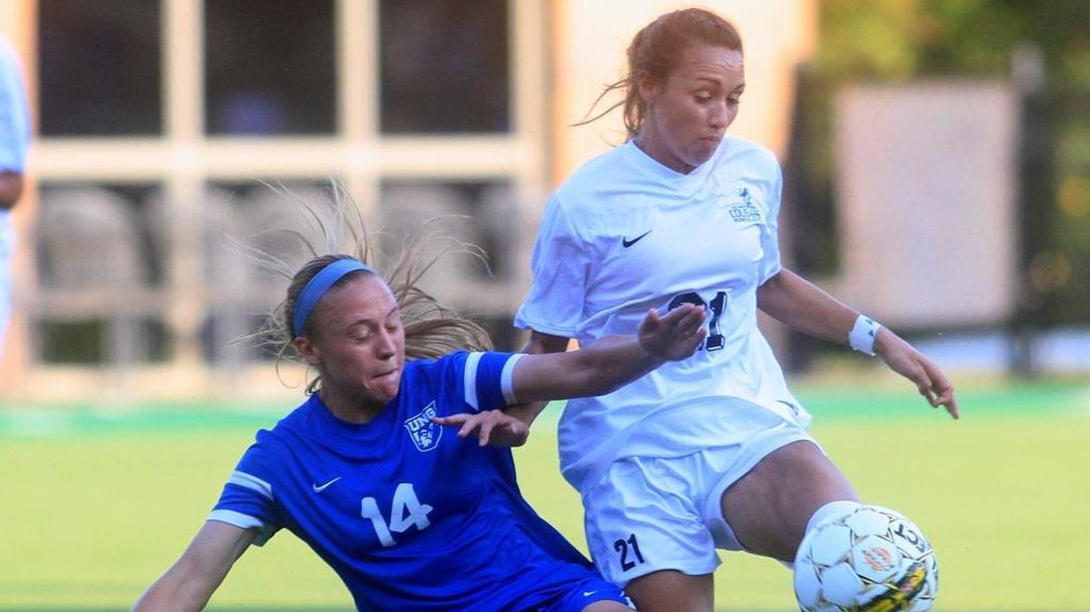 Columbus State University's Olivia Jarrell, right, and the University of North Georgia's Jessi Vaverka fight for possession of the ball during a game earlier this season.
