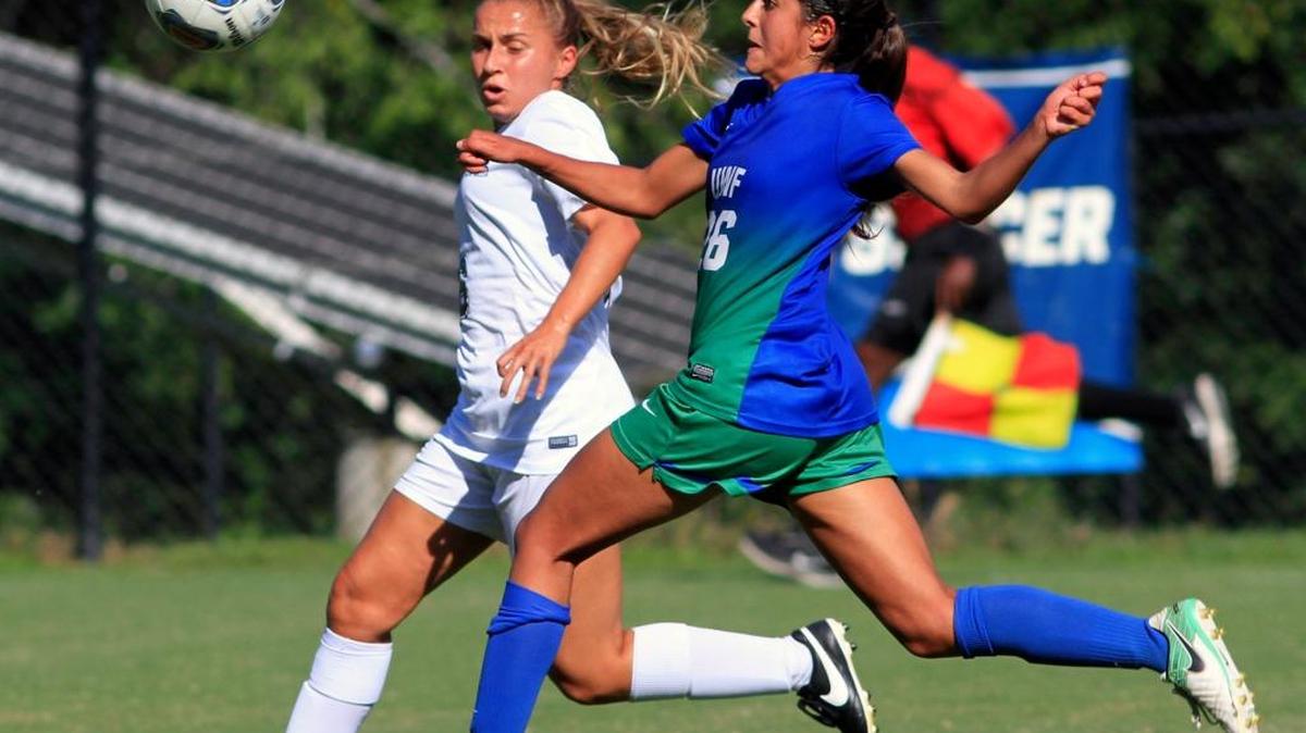 Isabella Garcia-Salas of the University of West Florida,right, and Columbus State University's Flo Spano go for the ball in the first half Thursday afternoon. Columbus State University hosted Thursday afternoon the University of West Florida at CSU's Walden Soccer Complex.