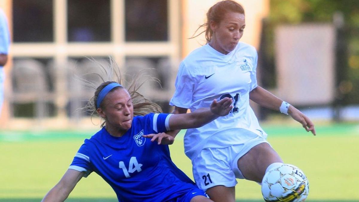 Columbus State University's Olivia Jarrell, right, and the University of North Georgia's Jessi Vaverka fight for possession of the ball during a game earlier this season.