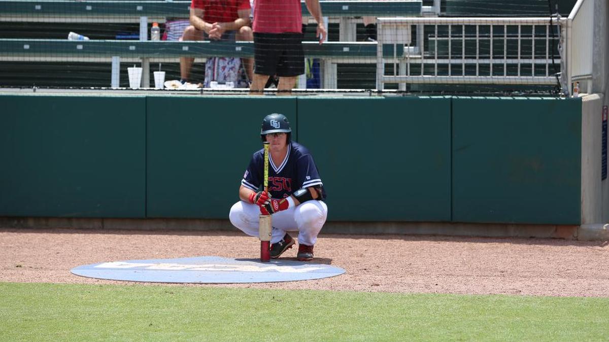 Columbus State’s Robert Brooks watches on deck as the final out of the season was being made Saturday in the Division II World Series.
