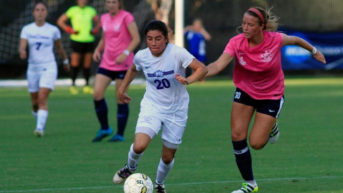 Columbus State University’s Brooke Nail, right, challenges Young Harris’ Lucero Robayo during a game earlier this season at CSU’s Walden Soccer Complex.