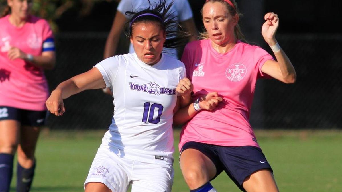 Maria Martinez of Young Harris,left, and Columbus State University's Cassandra Wade go for the ball during a match earlier this season at CSU's Walden Soccer Complex.