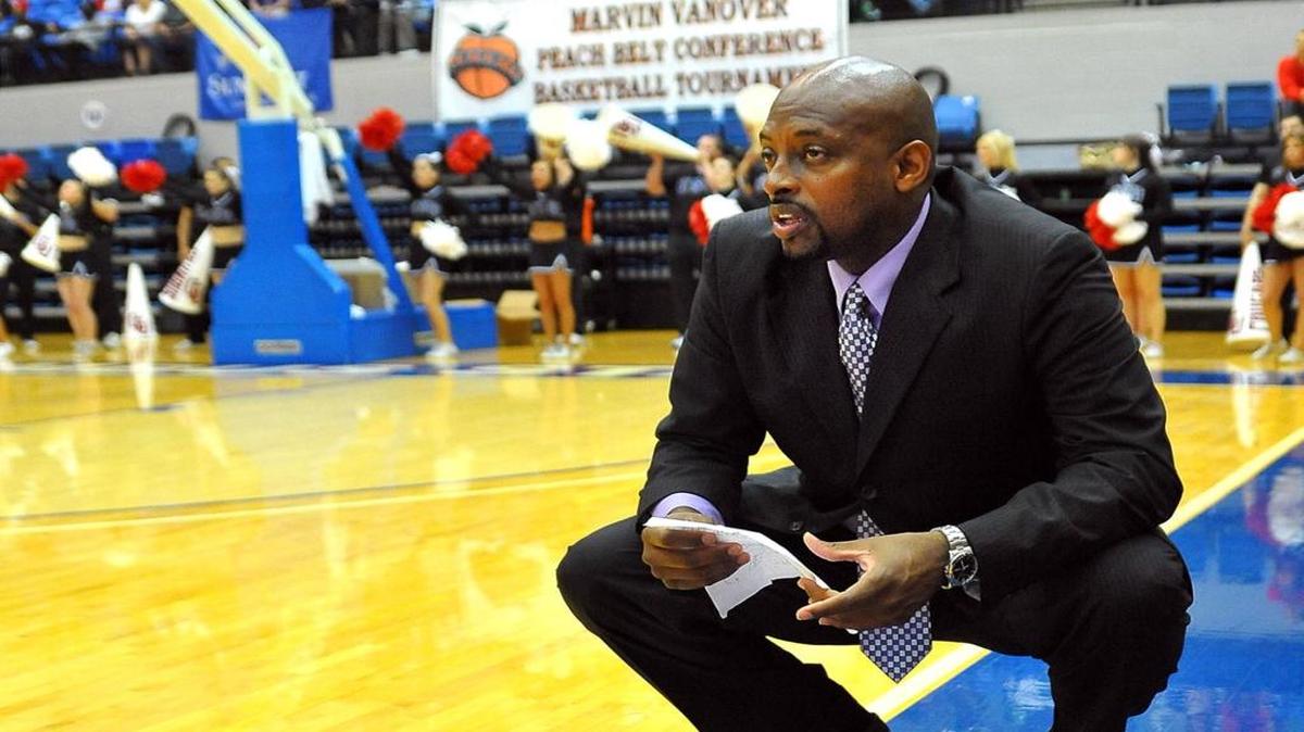 CSU basketball coach Robert Moore watches play in the 1st period against Lander during the 2012 Peach Belt Conference basketball championship at the CSU Lumpkin Center.
