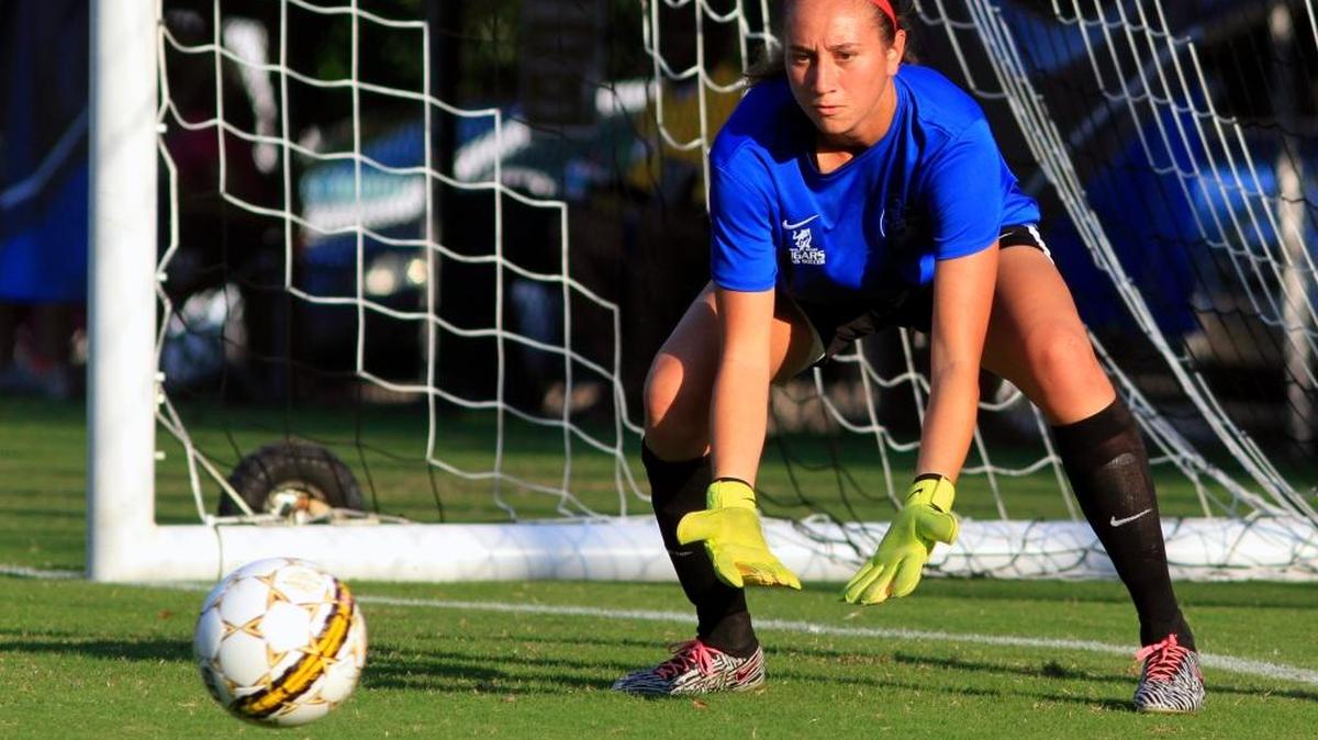 Columbus State University goalie Bria Riancho prepares to catch a shot during the first half Wednesday afternoon at CSU’s Walden Soccer Complex.