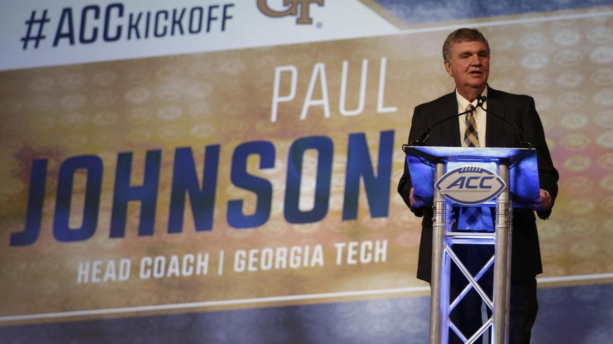 Georgia Tech head coach Paul Johnson speaks during a news conference at the Atlantic Coast Conference Football Kickoff in Charlotte, N.C., on July 21.