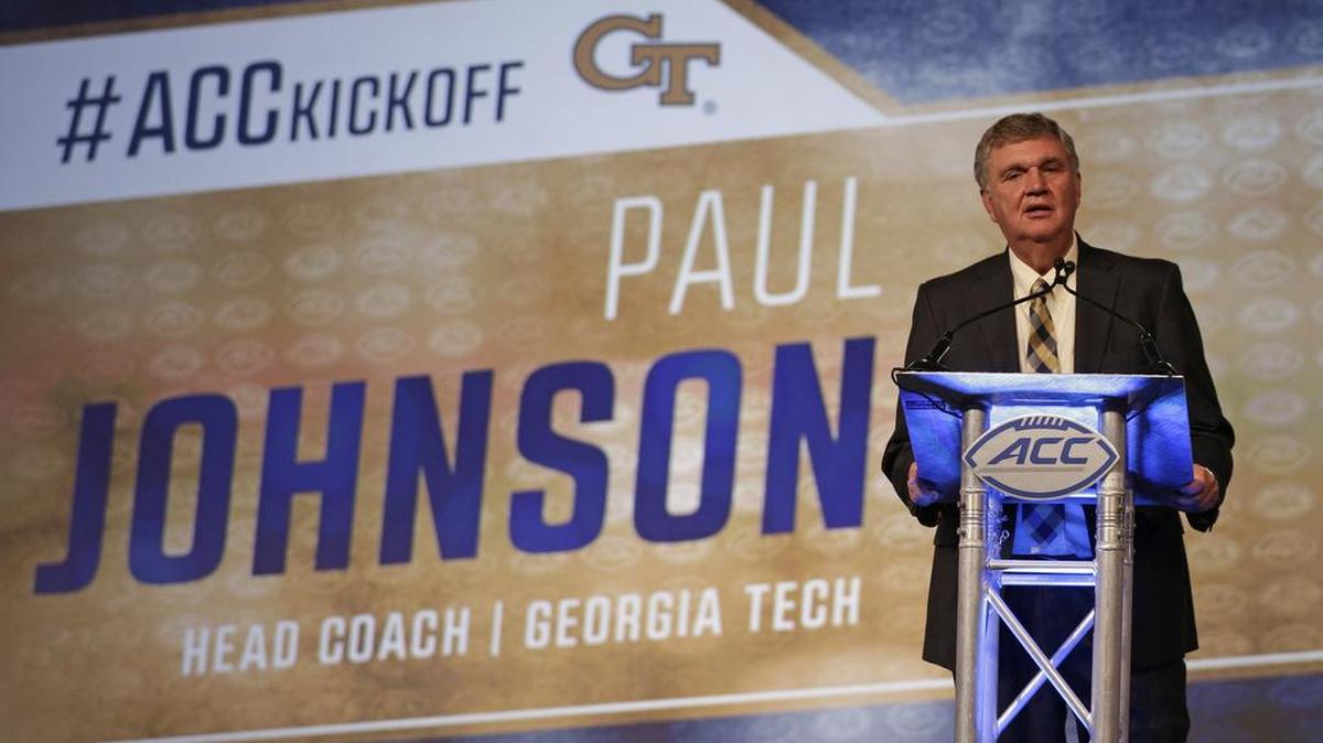 Georgia Tech coach Paul Johnson speaks Thursday during a news conference at the Atlantic Coast Conference Football Kickoff in Charlotte, N.C.
