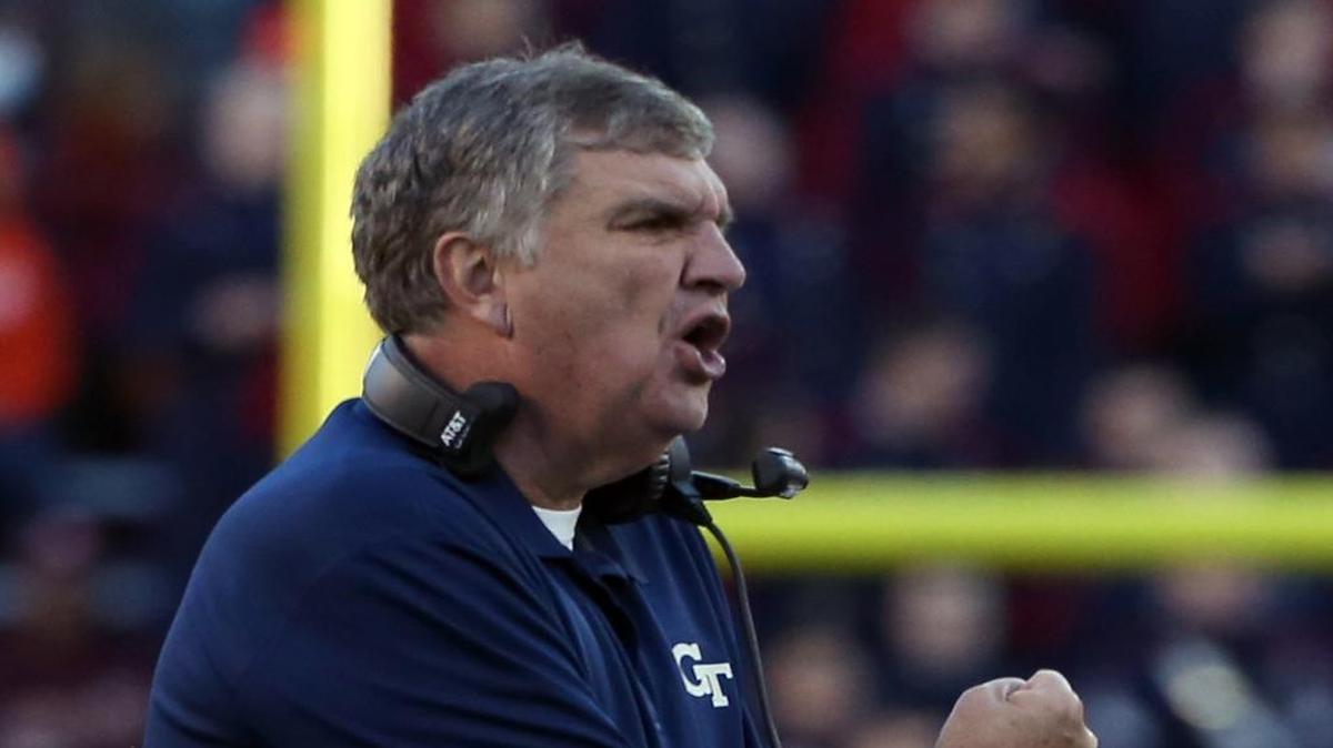 Georgia Tech head coach Paul Johnson encourages his team during the first half against Virginia Tech in Blacksburg, Va., on Nov. 12.