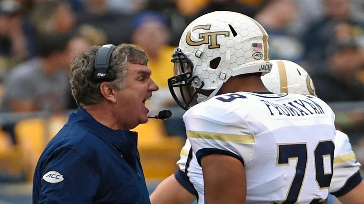 Georgia Tech coach Paul Johnson shouts at offensive lineman Eason Fromayan during the second half against Pittsburgh in Pittsburgh on Saturday.