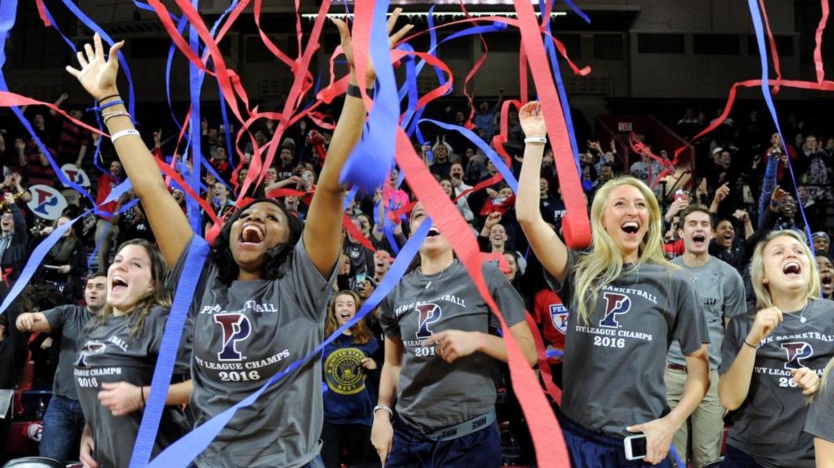 Pennsylvania women’s basketball team, including Keiera Ray, left, Jackie Falconer, center, and Sydney Stipanovich, right, celebrate their seeding in the NCAA college basketball tournment during a selection watch party Monday in Philadelphia.