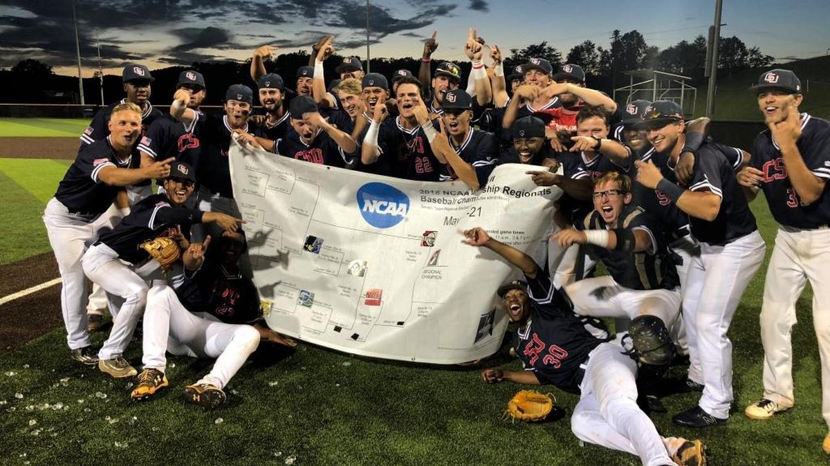 The Columbus State University baseball team celebrates winning the NCAA Division II Southeast Regional tournament May 21, 2018, with a doubleheader sweep of Belmont Abbey at North Greenville University in Tigerville, S.C., giving the Cougars their eighth berth in the Division II College World Series and their first since 2007.