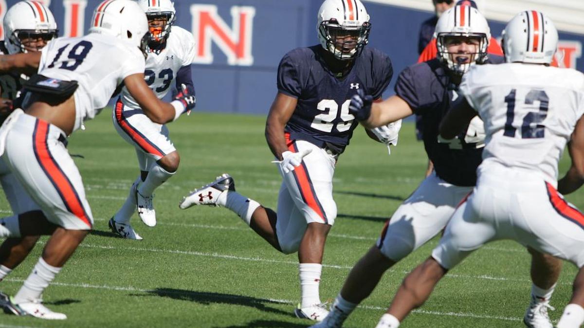 Auburn running back Jovon Robinson rushes to the left side of the line at the university's athletic complex Tuesday, April 5, 2016.