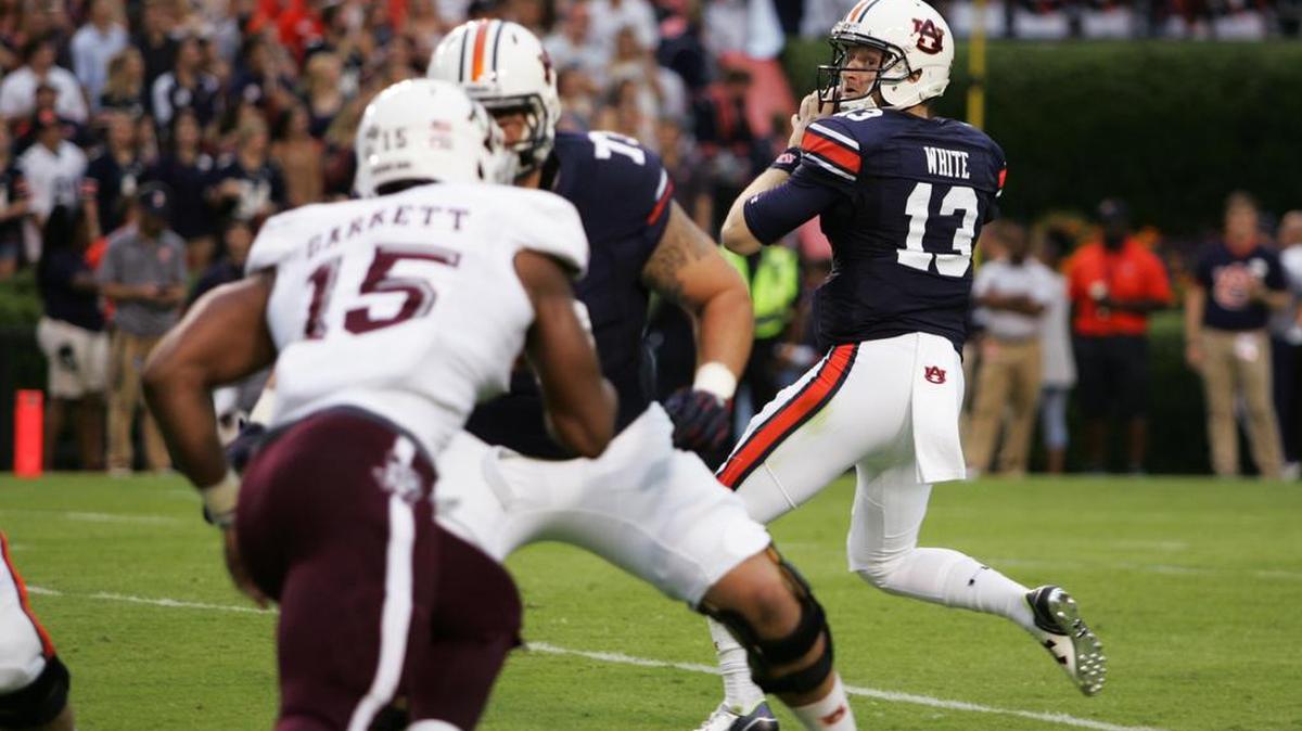 Auburn quarterback Sean White drops back to throw against Texas A&M Saturday, Sept. 17 at Jordan-Hare Stadium.
