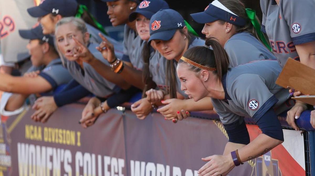 Members of the Auburn team cheer in the dugout during the third inning Wednesday.