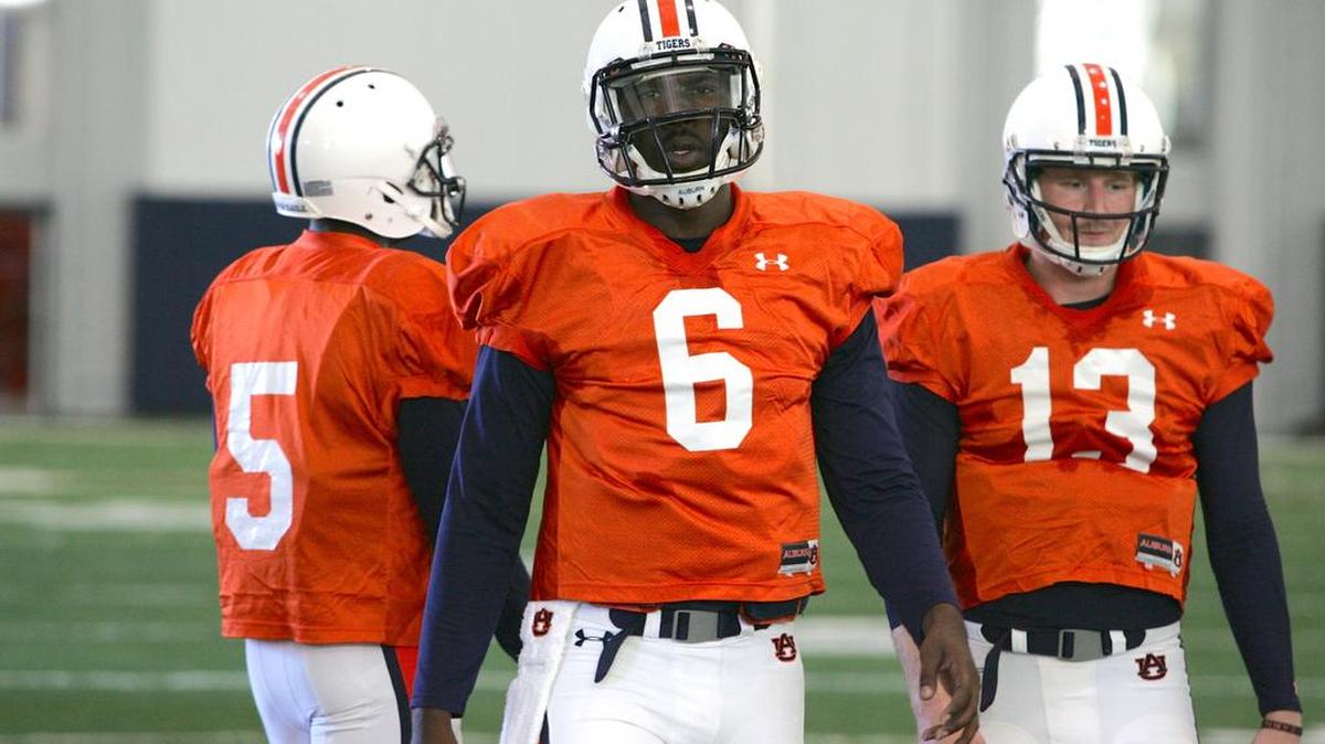 Auburn quarterback Jeremy Johnson stretches at spring practice on Tuesday, March 22, 2016.